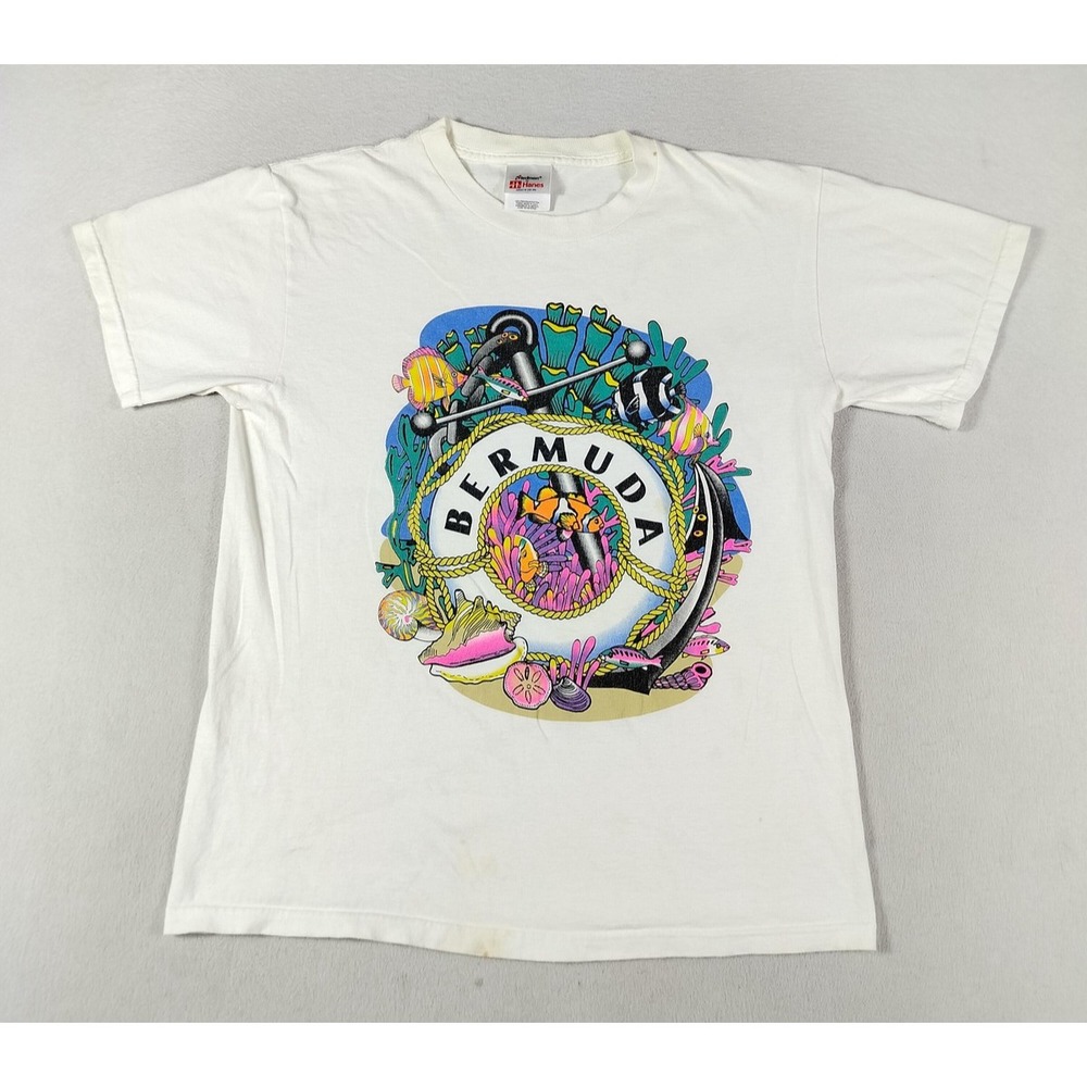 Vintage Hanes Bermuda Shirt Mens Medium White Fish Reef Graphic Tee 90s
